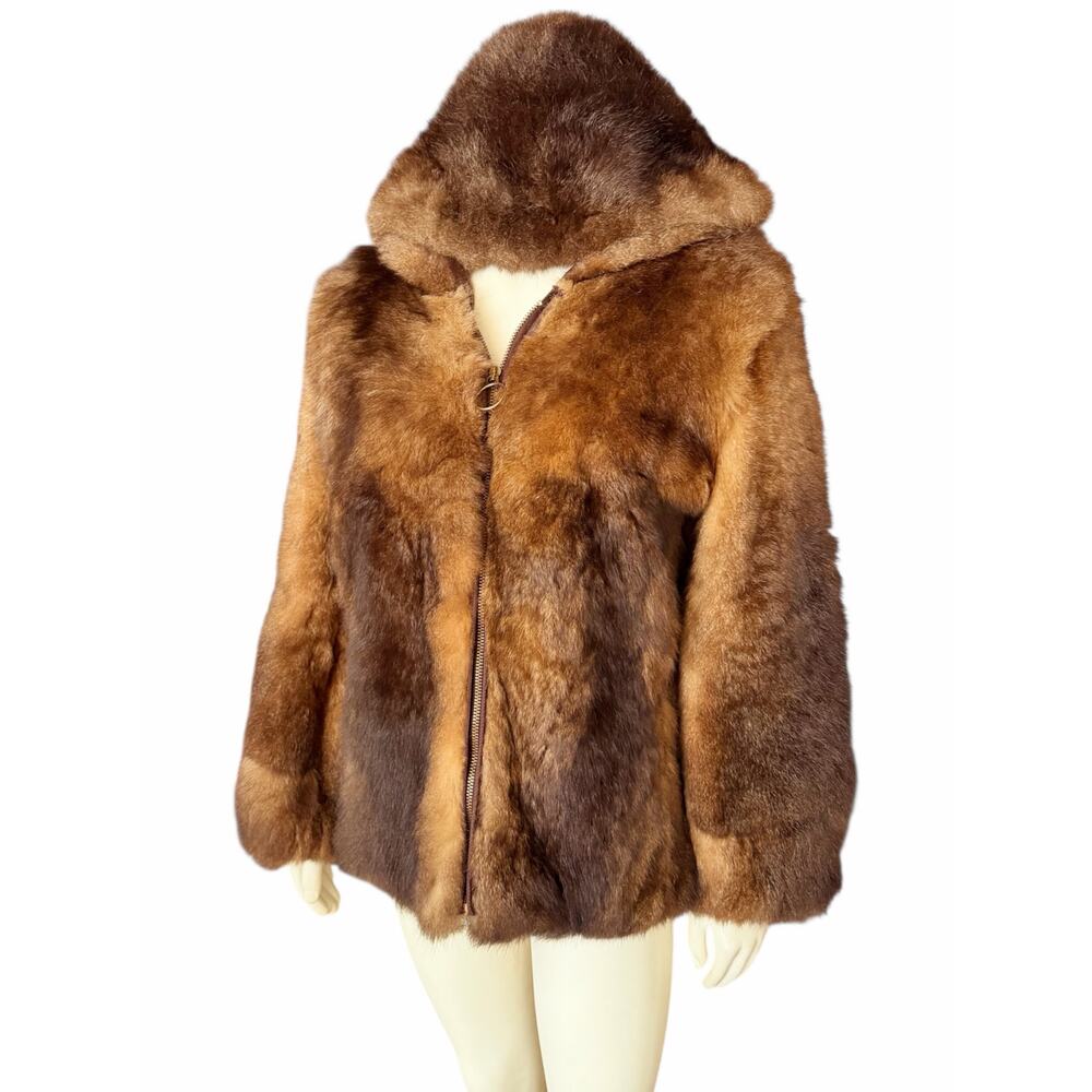Vintage Real Fur Zip Hooded Jacket Brown Natural Fur Coat Women’s